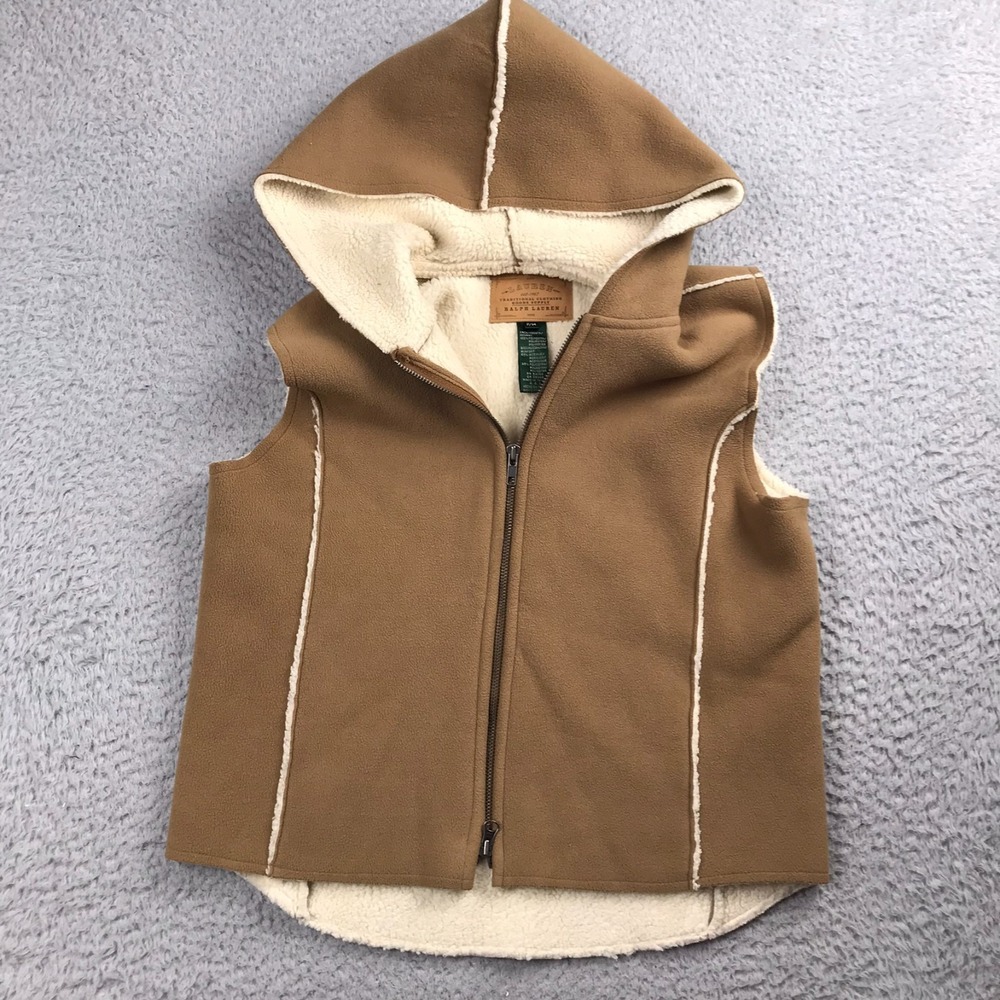 LRL Ralph Lauren Faux Suede Fleece Lined Hooded Vest Womens M Brown